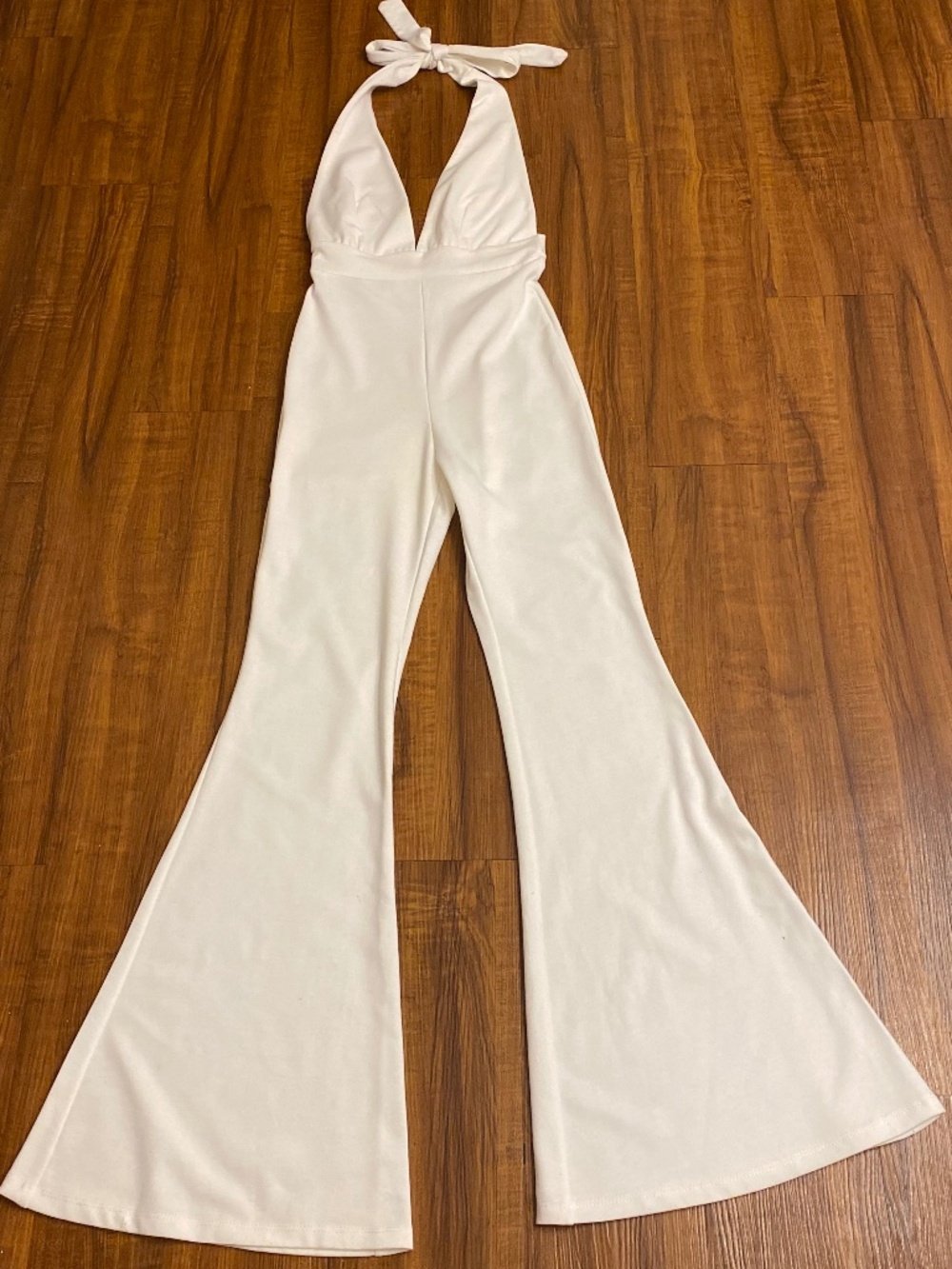 Ladies Ivory Halter Tie   Flare Leg Jumpsuit